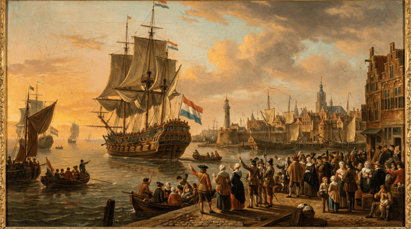 A large Dutch sailing ship departs a harbor while a crowd on the shore waves goodbye.