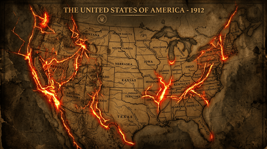 Map of United States with glowing fault lines and state names in 1912