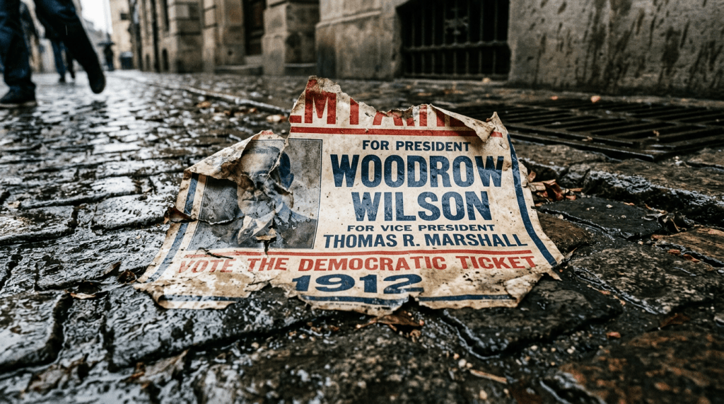 Torn 1912 Woodrow Wilson and Thomas R. Marshall campaign poster on wet cobblestone street