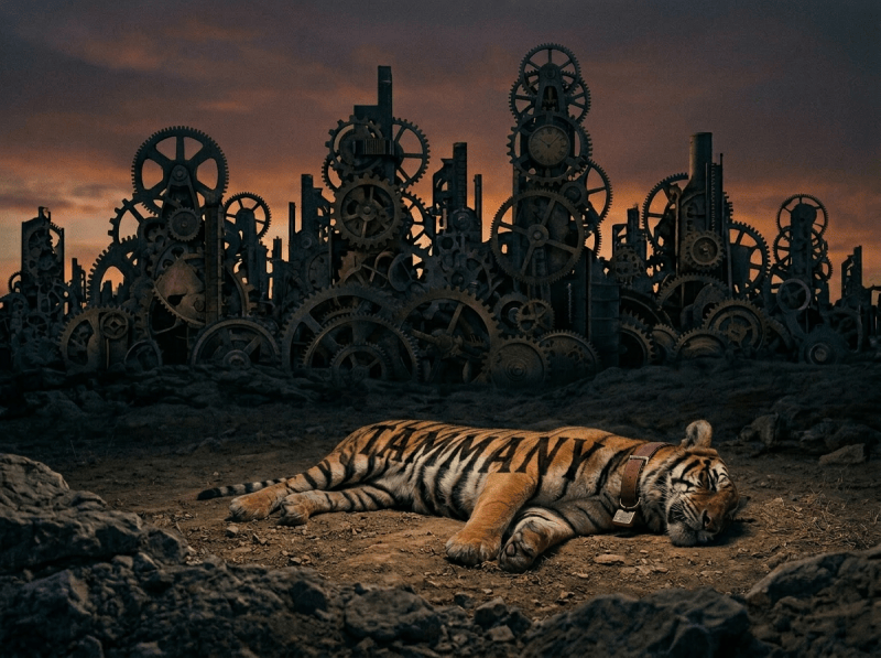 Tiger dead on dirt ground with "TAMMANY" written in its stripes. In front of large mechanical gears and cogs at sunset.