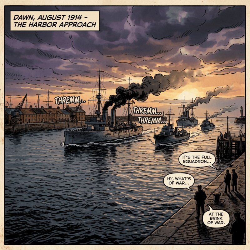 Naval warships leaving harbor with smoke trailing, dock buildings on left and silhouettes on pier on right