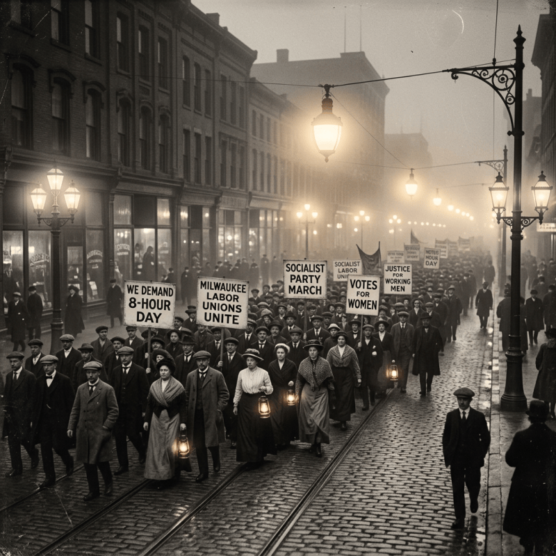 1910s Milwaukee night protest gas lamps fog