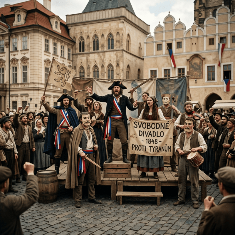 Actors in 1848 Czech revolutionary costumes holding a protest sign and flag on a cobblestone square with historic buildings