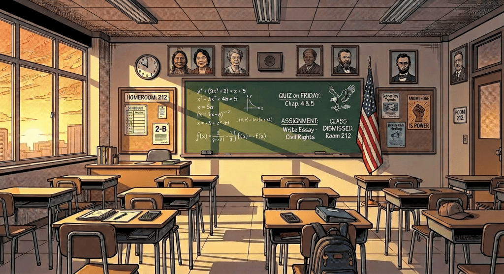 Japanese classroom with empty desks, blackboard, and sunset through windows