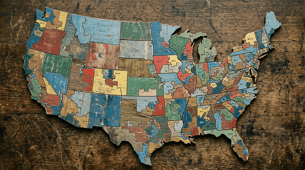 Wooden map of the United States with color-coded regions and codes