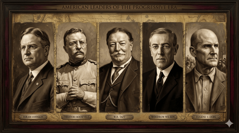 Google Gemini generated image of Governor Hiram Johnson former President Theodore Roosevelt president William Howard Taft present Woodrow Wilson and socialist leader Eugene V Debs