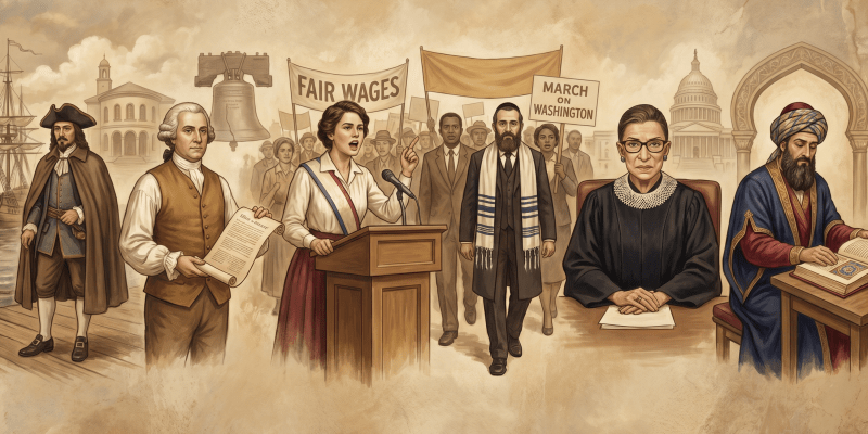 Illustrated panorama of six Jewish American figures across history, from medieval Iberia to the twentieth century.