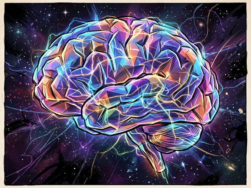 Abstract side view of a brain with glowing colorful neural connections