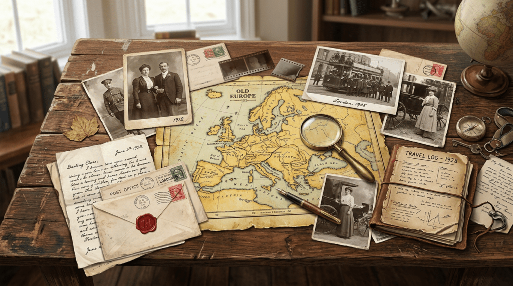 Old map of Europe with vintage photographs, letters, magnifying glass, and travel log on wooden table